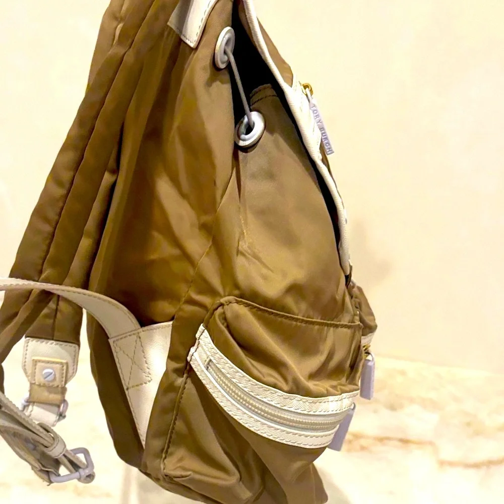Tory Burch Designer Brown Backpack with White Trim & Signature Logo Detailing